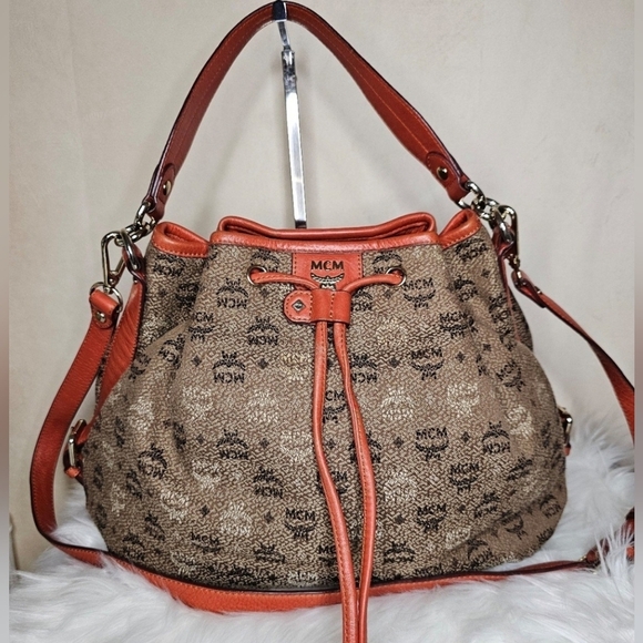🔹MCM🔹️visetos jacquard brown orange bucket Draw String  crossbody shoulder bag - Picture 1 of 12